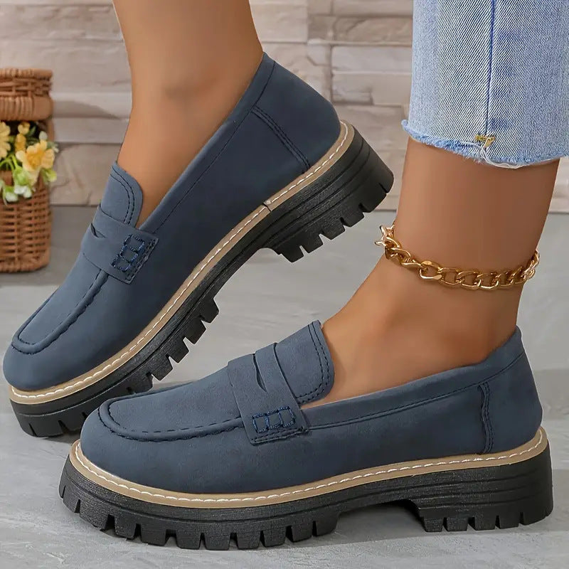 Women's Casual Retro Suede Loafers with Chunky Heel Platform