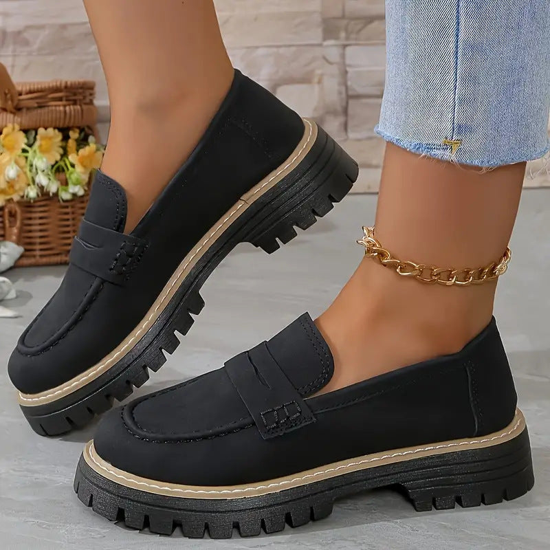 Women's Casual Retro Suede Loafers with Chunky Heel Platform