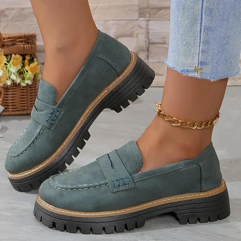 Women's Casual Retro Suede Loafers with Chunky Heel Platform