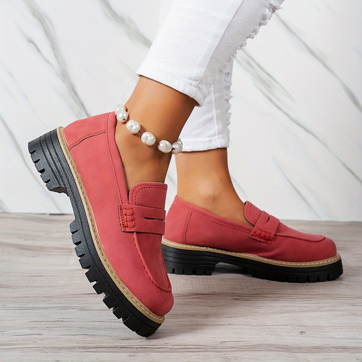 Women's Casual Retro Suede Loafers with Chunky Heel Platform