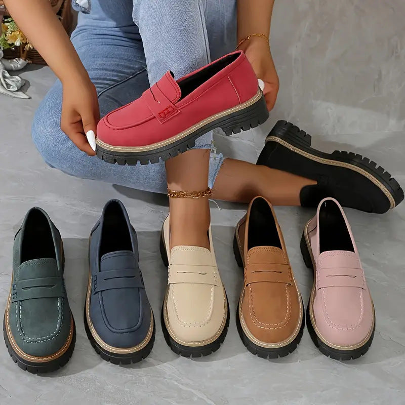 Women's Casual Retro Suede Loafers with Chunky Heel Platform