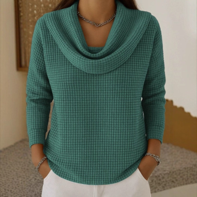 Amber – Warm Waffle Sweater with Elegant Cowl Neck