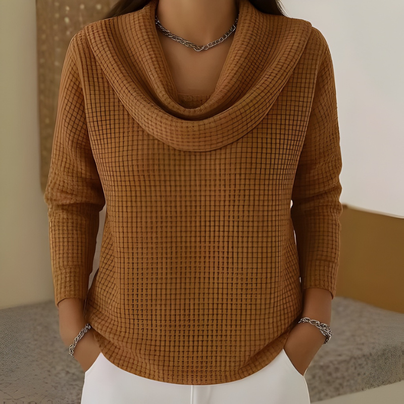 Amber – Warm Waffle Sweater with Elegant Cowl Neck