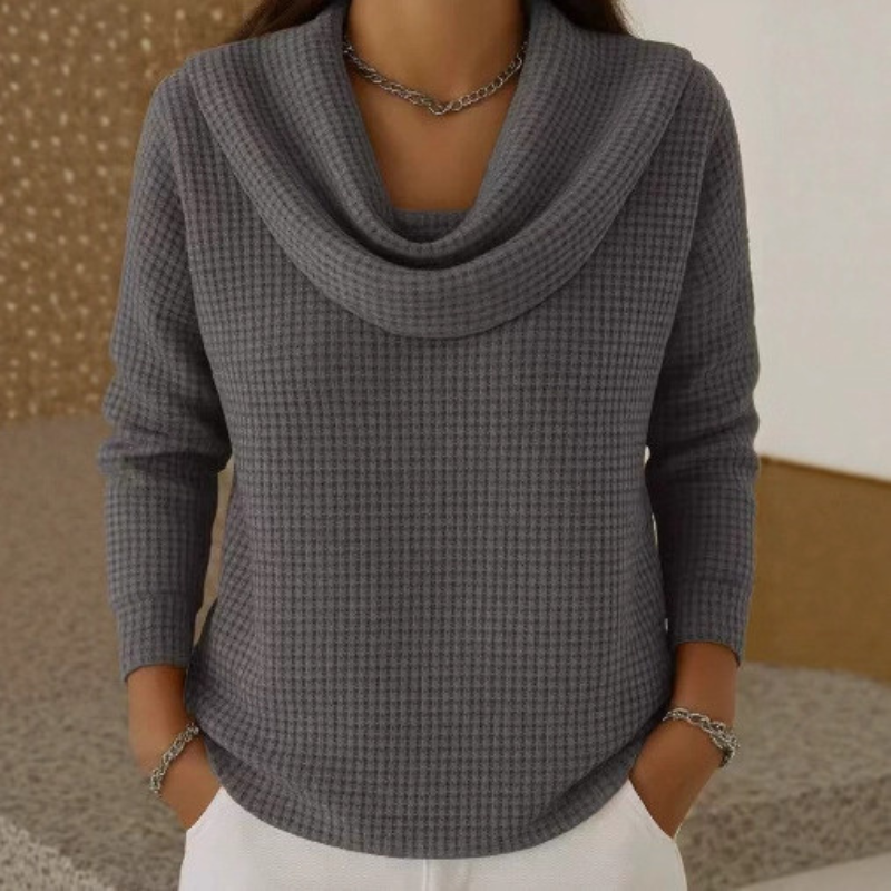 Amber – Warm Waffle Sweater with Elegant Cowl Neck