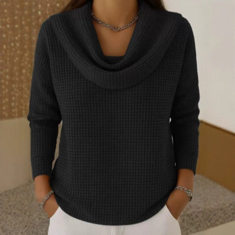 Amber – Warm Waffle Sweater with Elegant Cowl Neck